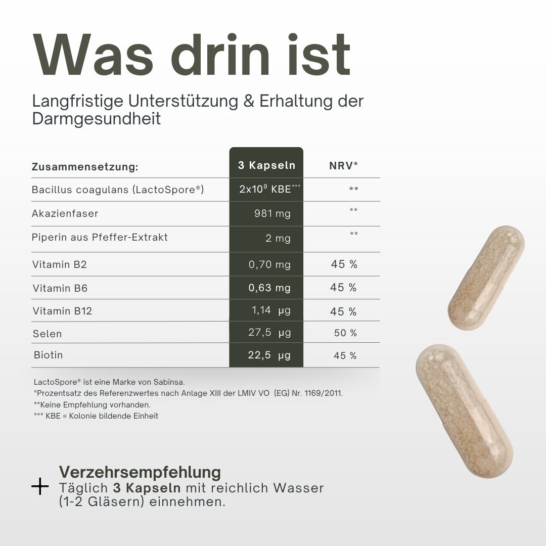 Kapseln und Tabelle mit Inhaltsstoffen von ProtectAgil, u.a. Bacillus coagulans (LactoSpore®).
