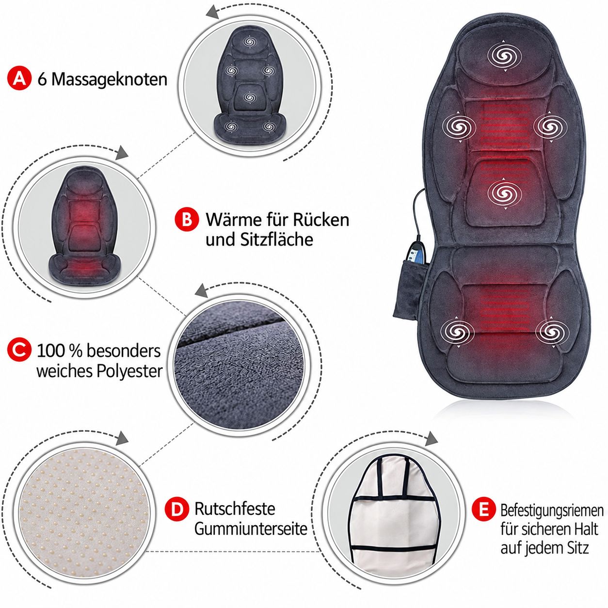 Massageauflage mit 6 Massageknoten, Wärme, weichem Polyester, rutschfester Unterseite.