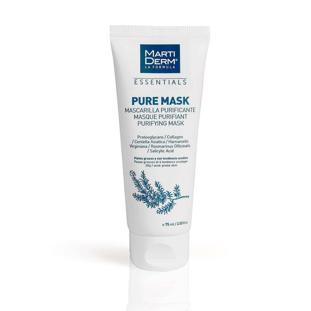 Weiße Tube mit blauer Aufschrift. Enthält Marti Derm Essentials Pure Mask. Volumen: 75 ml. Für fettige/akneanfällige Haut.
