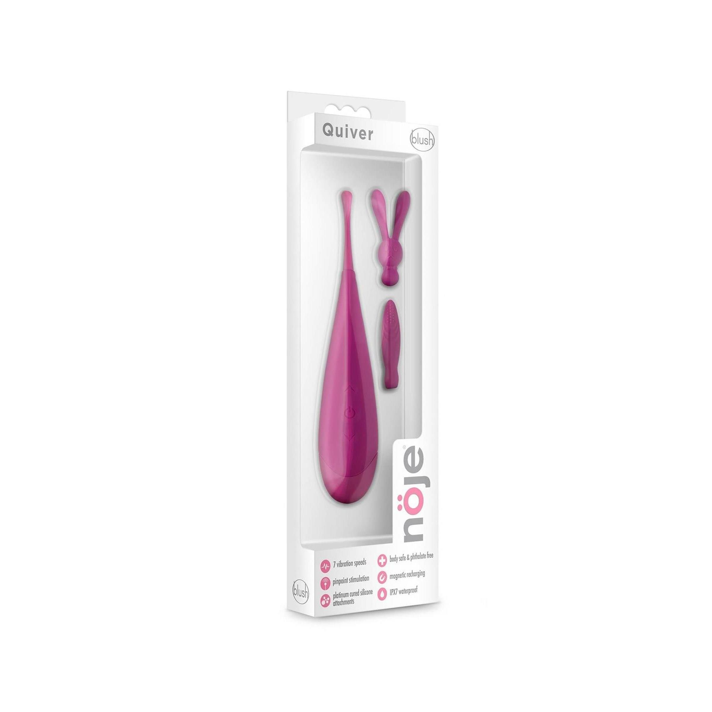 Verpackung mit rosa Vibrator und zwei Aufsätzen. Produktname: Quiver. Marke: nöje. Transparente Verpackung.