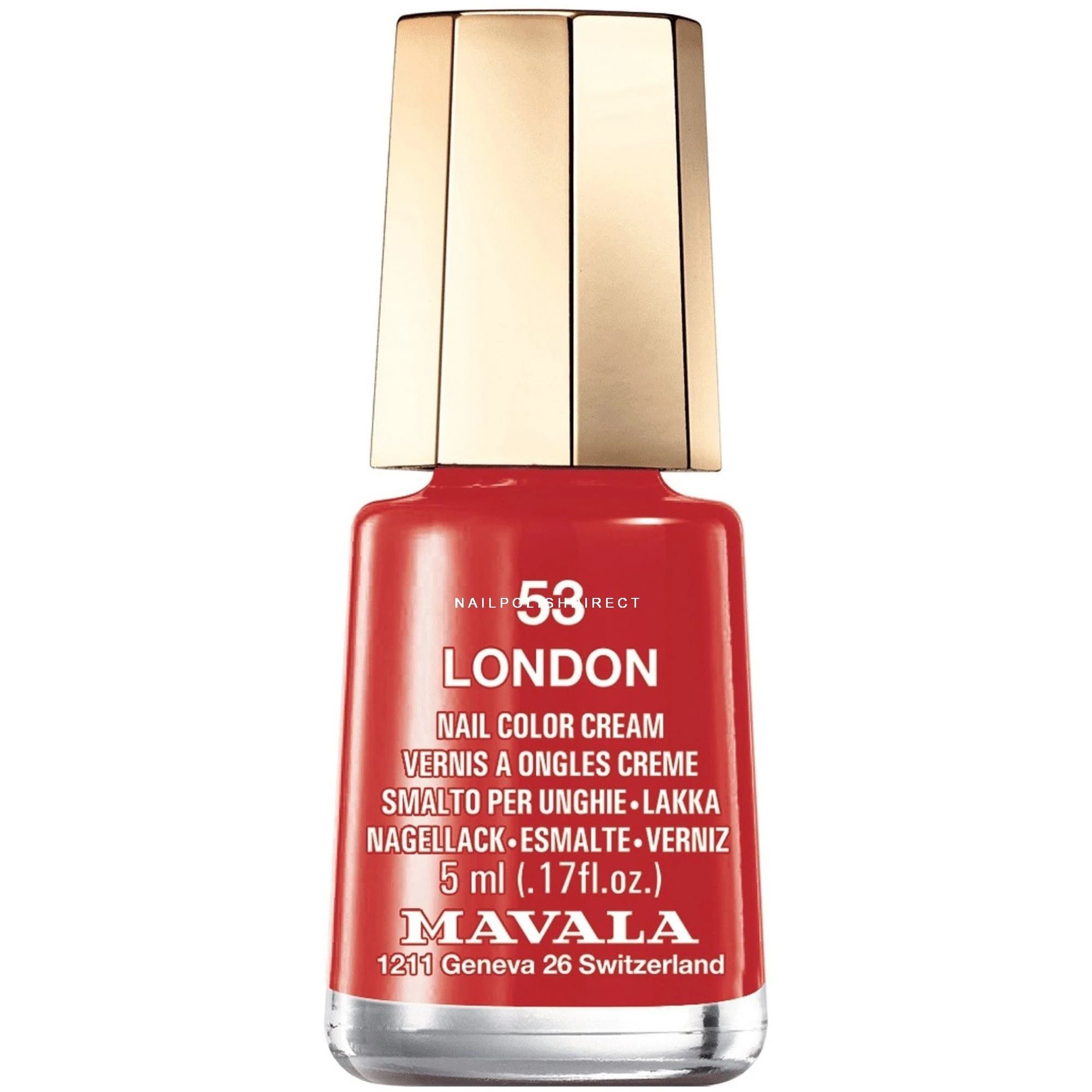 Rote Nagellackflasche mit goldenem Deckel. Text: London, Nail Color Cream, 5 ml, Mavala.