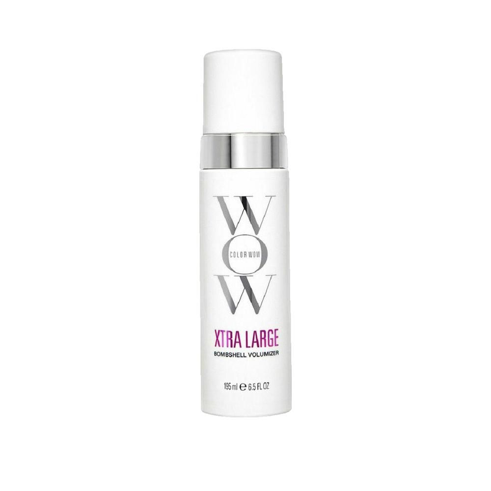 Weißes Produkt mit silbernem Ring und weißem Deckel. Aufschrift: WOW, XTRA LARGE Bombshell Volumen-Schaum. 185ml 6.5 fl oz.