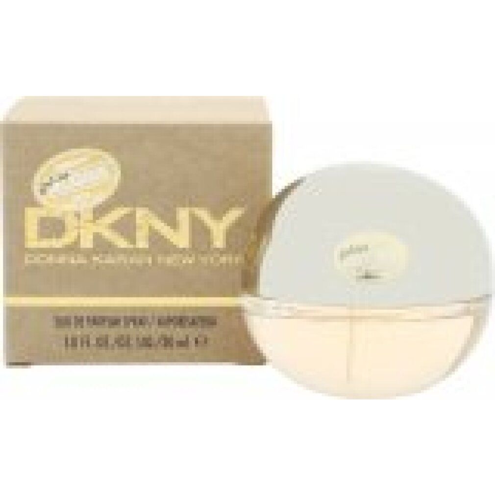 DKNY Golden Delicious Eau de Parfum. Flakon und Verpackung in Gold- und Beigetönen. Aufschrift: DKNY, Golden Delicious, Donna Karan New York. Vaporisateur.