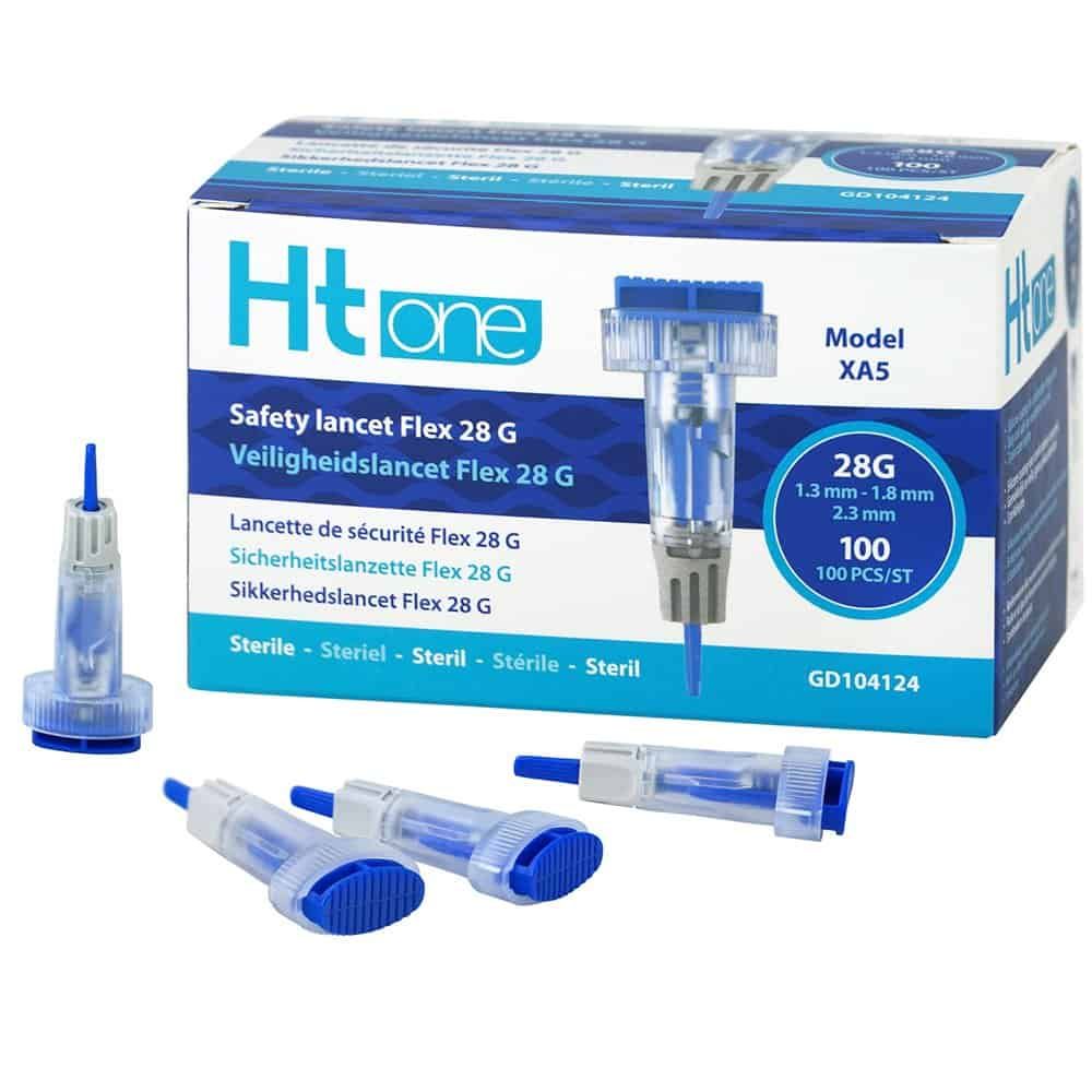 HT One Safety Lancet Flex 28G: Ein Sicherheitslanzettengerät und drei einzelne Lanzetten, 28G, 1.3-1.8mm.
