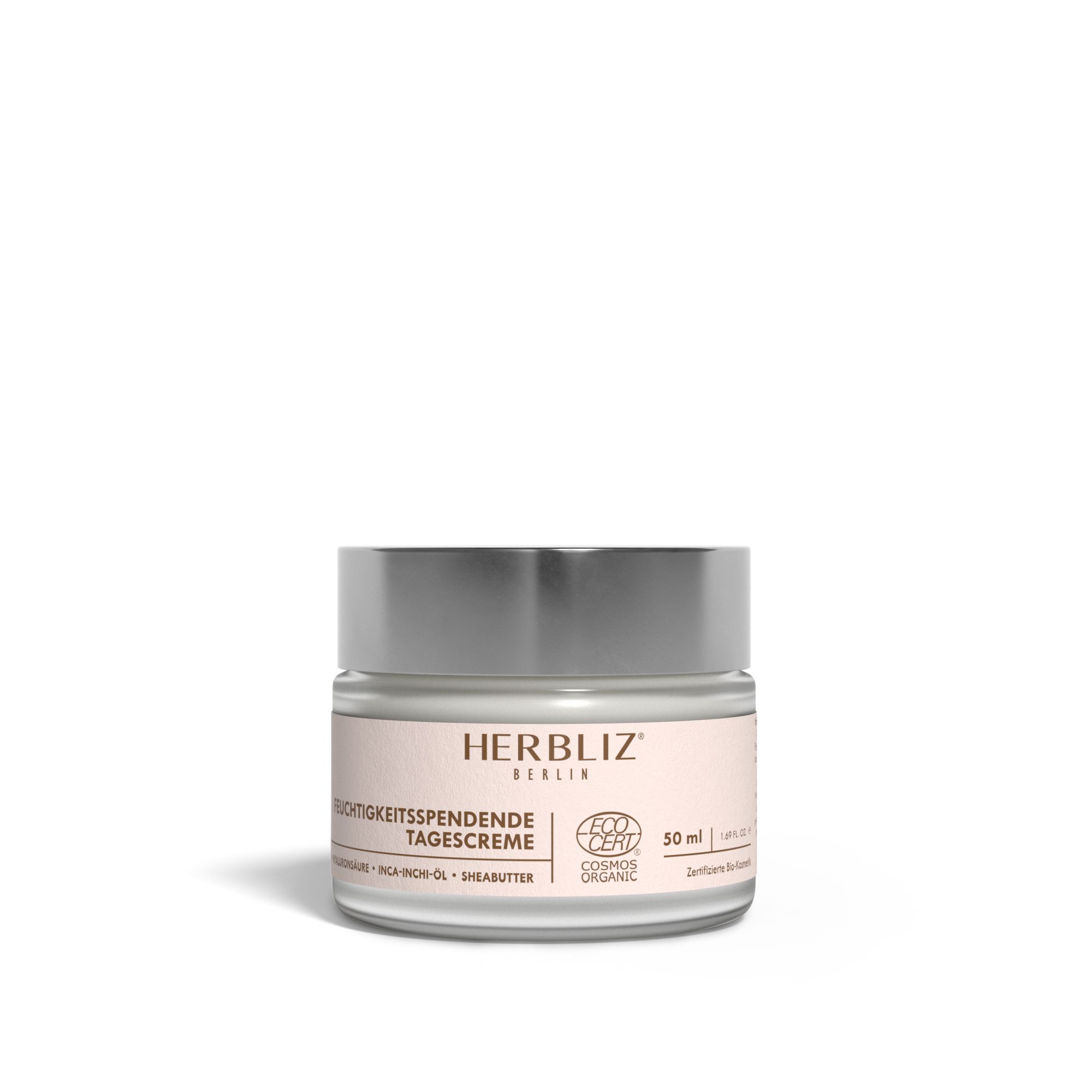 Creme-Glas mit silbernem Deckel. Aufschrift: HERBLIZ, Feuchtigkeitsspendende Tagescreme, ECO CERT, 50 ml.