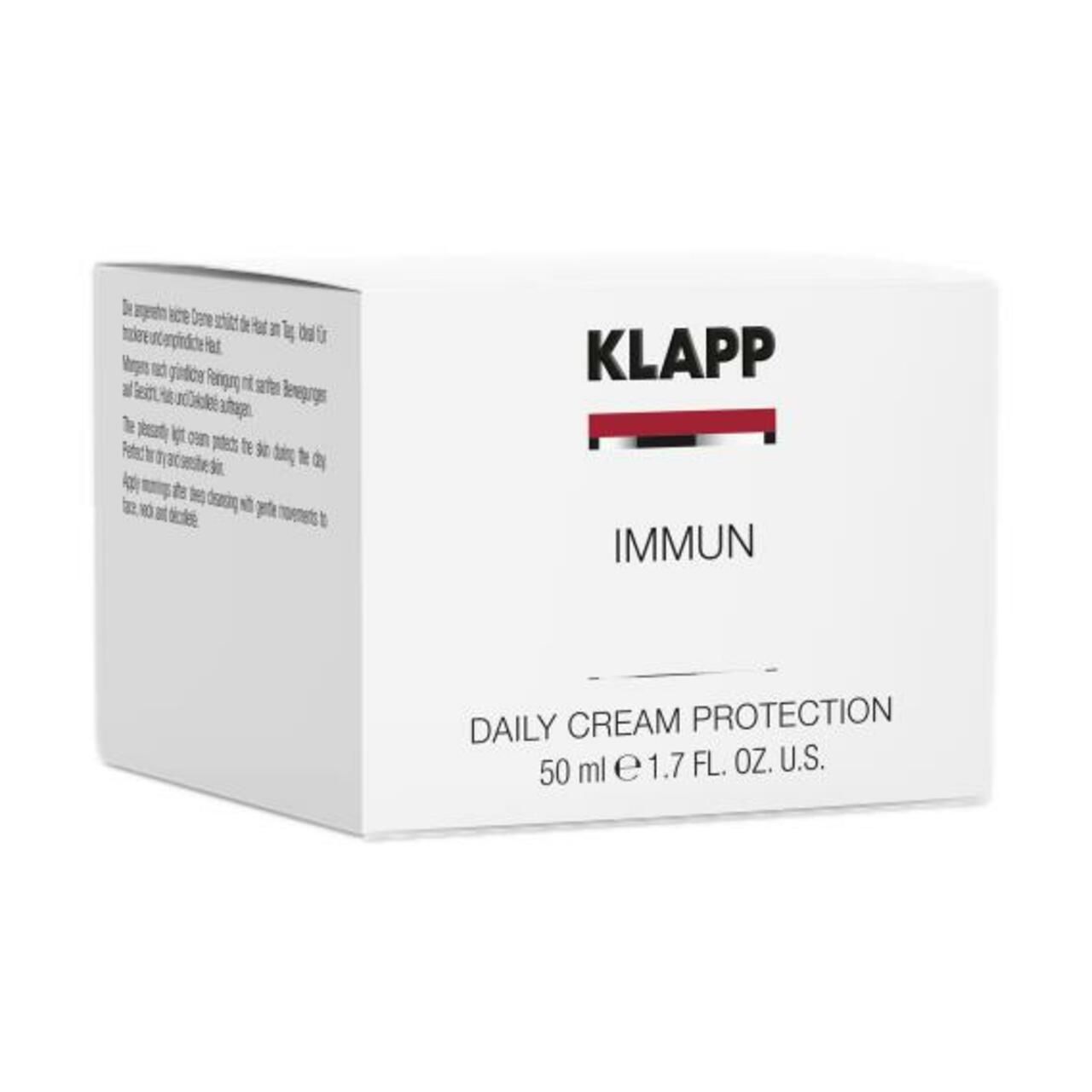 Weiße Verpackung mit rotem Logo und Schriftzug. Enthält "IMMUN DAILY CREAM PROTECTION".
