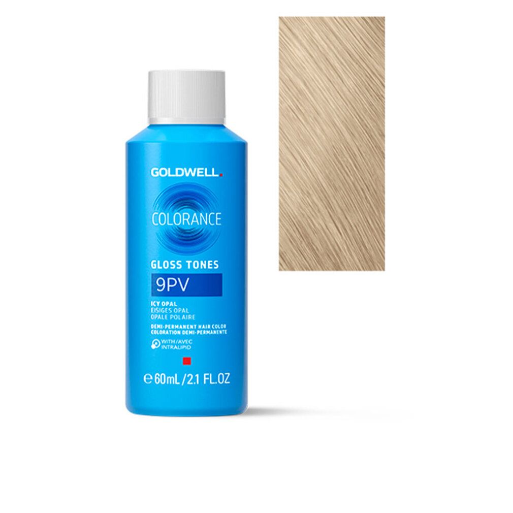 Flasche mit Produkt Colorance Gloss Tones 9PV, hellblaue Verpackung, Farbsträhne rechts. Text: Goldwell, 60ml/2.1 fl.oz.
