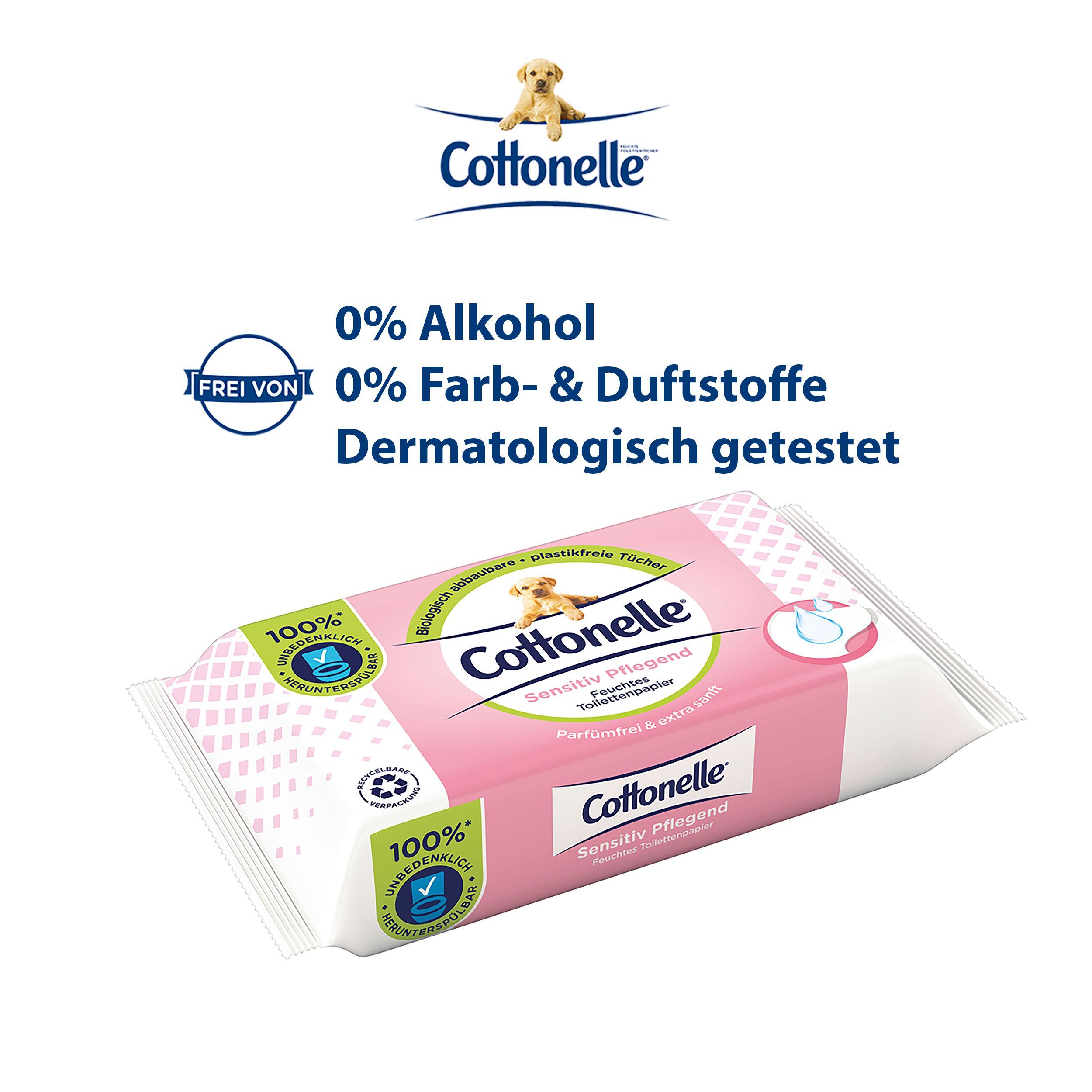 Packung Feuchtes Toilettenpapier. Cottonelle, Sensitiv, parfümfrei. 0% Alkohol, 0% Farb- & Duftstoffe. Dermatologisch getestet.