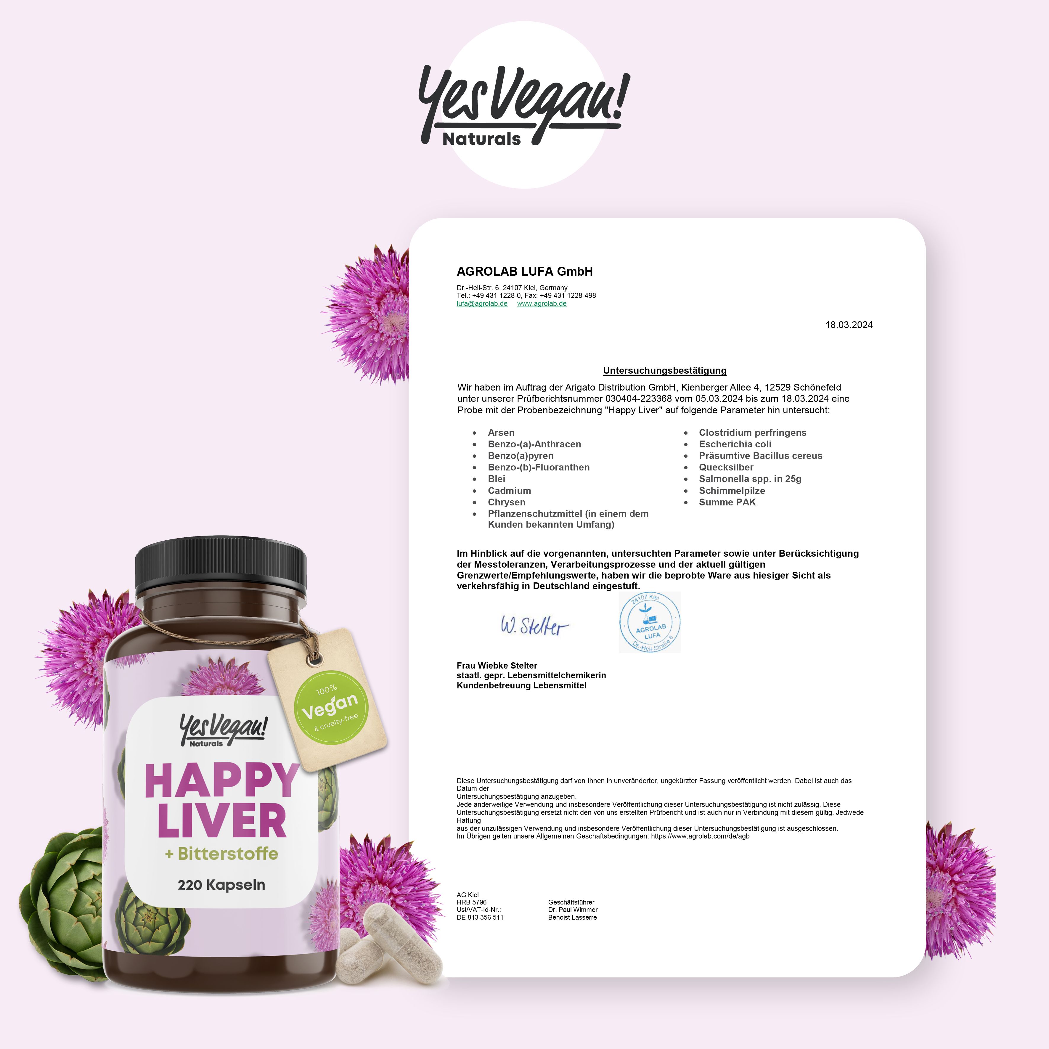 Produktflasche mit Zertifikat. Text: Happy Liver + Bitterstoffe, 220 Kapseln. Vegan-Siegel. Artischocken und Disteln.
