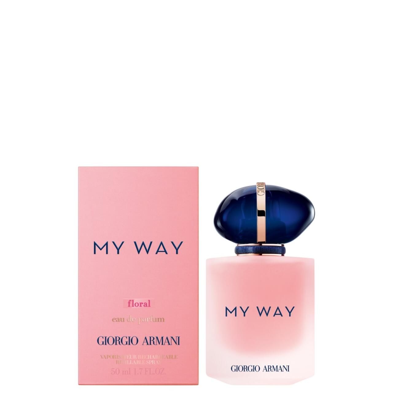 Rosa Flakon und Verpackung. Aufschrift "MY WAY", "floral" und "GIORGIO ARMANI".