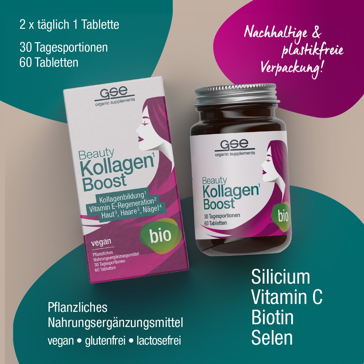 GSE Beauty Kollagen-Boost Bio. Dose und Schachtel. Text: 2x täglich 1 Tablette. Nachhaltige Verpackung.