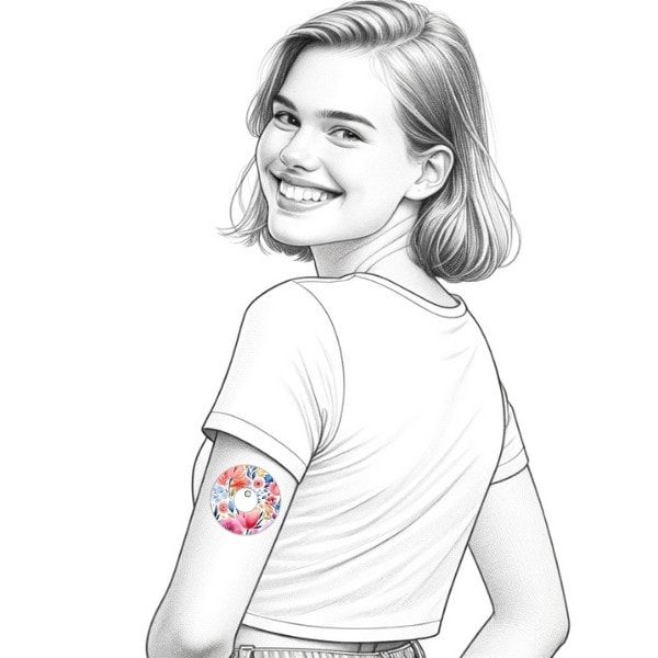 Gezeichnete Frau mit Pflaster am Arm. Pflaster rund, Blumenmuster, mit Loch in der Mitte.