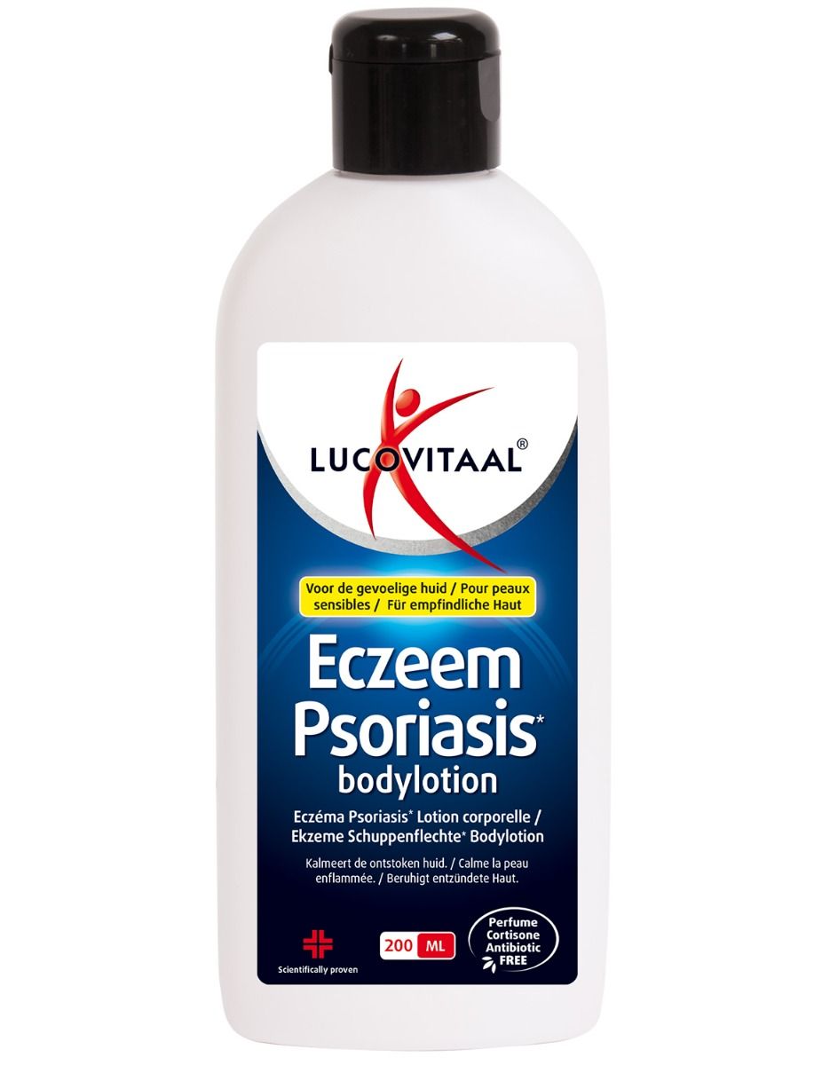 Witte fles met zwarte dop. Etiket met logo en productnaam: Eczeem Psoriasis bodylotion. 200 ml.