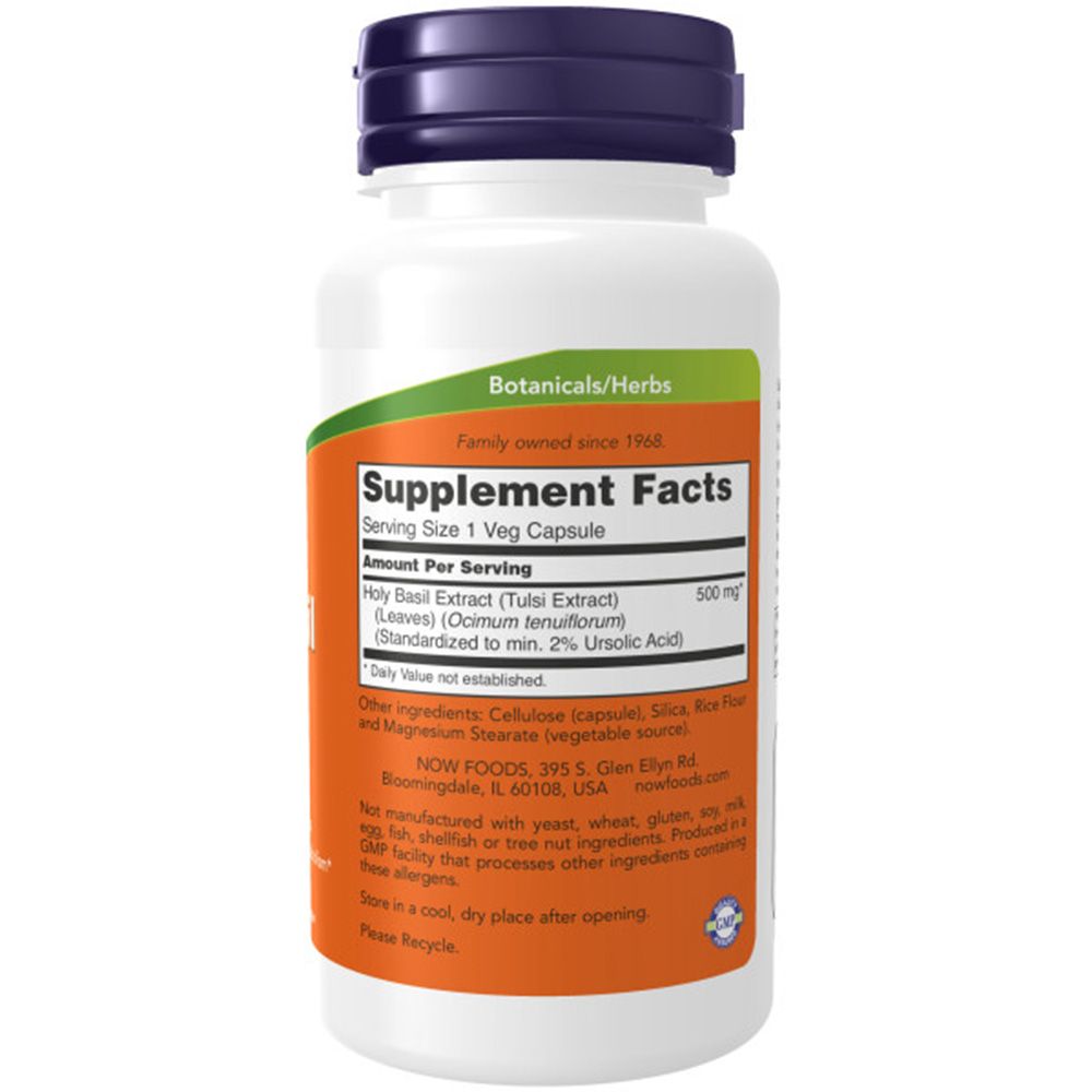 Rückseite der Flasche. Aufschrift: Supplement Facts. Holy Basil Extract. Inhaltsstoffe. NOW FOODS Logo. Informationen zur Herstellung.