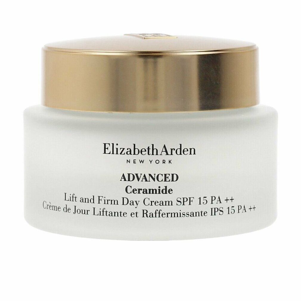 Creme-Glas mit goldenem Deckel. Aufschrift: Elizabeth Arden, Advanced Ceramide, Lift and Firm Day Cream SPF 15 PA ++.