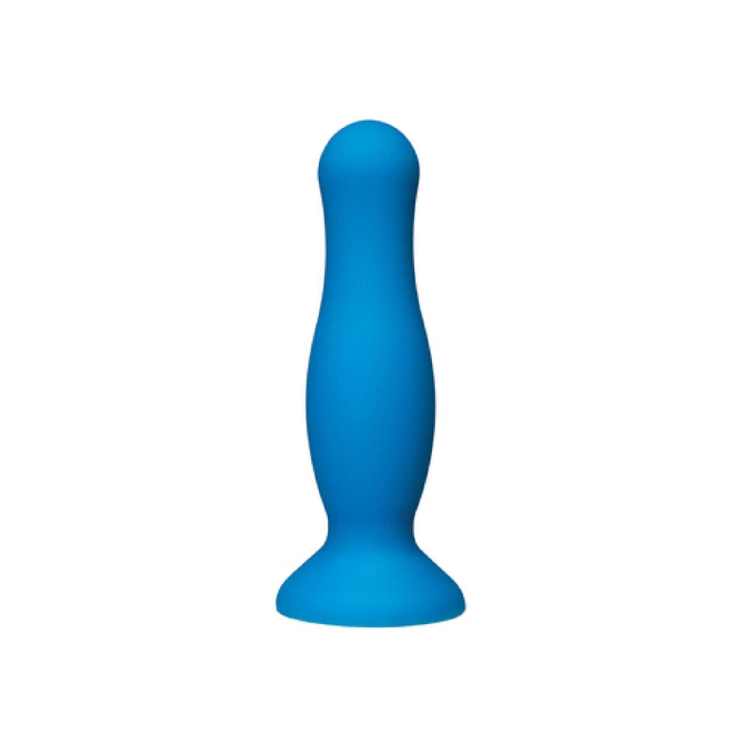 Blauer Analplug mit breiter Basis und abgerundeter Spitze. Glatte Oberfläche, zylindrische Form.