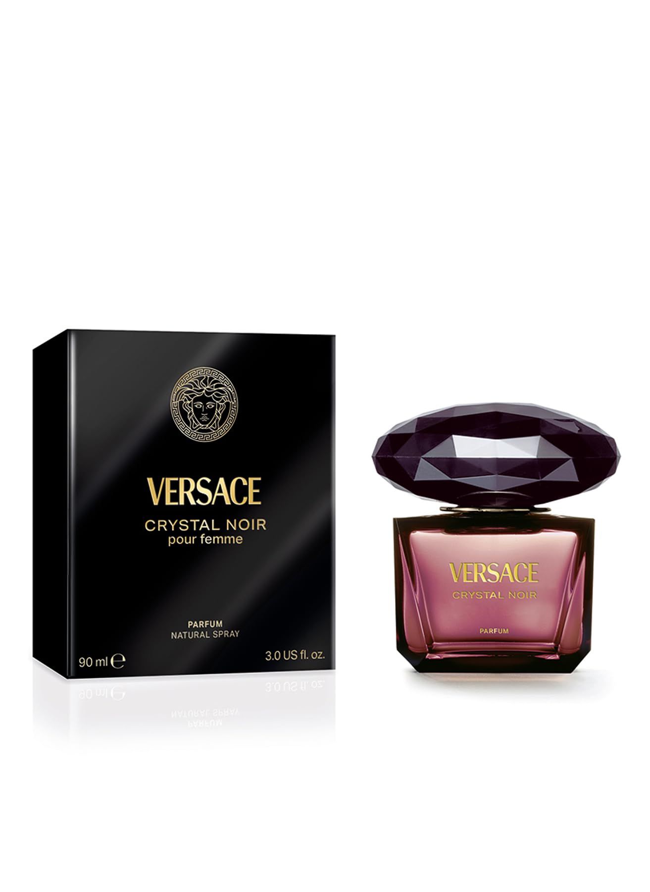 Versace Crystal Noir Parfum Spray und Verpackung. Schwarze Schachtel mit Logo. Flakon mit facettiertem Deckel.