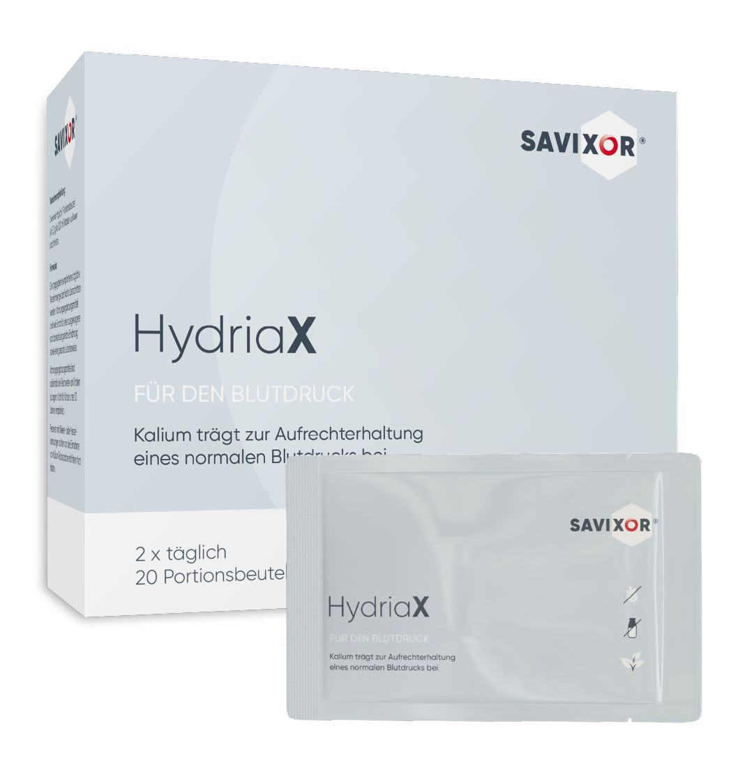 Savixor HydriaX Elektrolyte Pulver, Sachet. Packung und Sachet. Aufschrift HydriaX. 20 Portionenbeutel. Weißer Hintergrund.