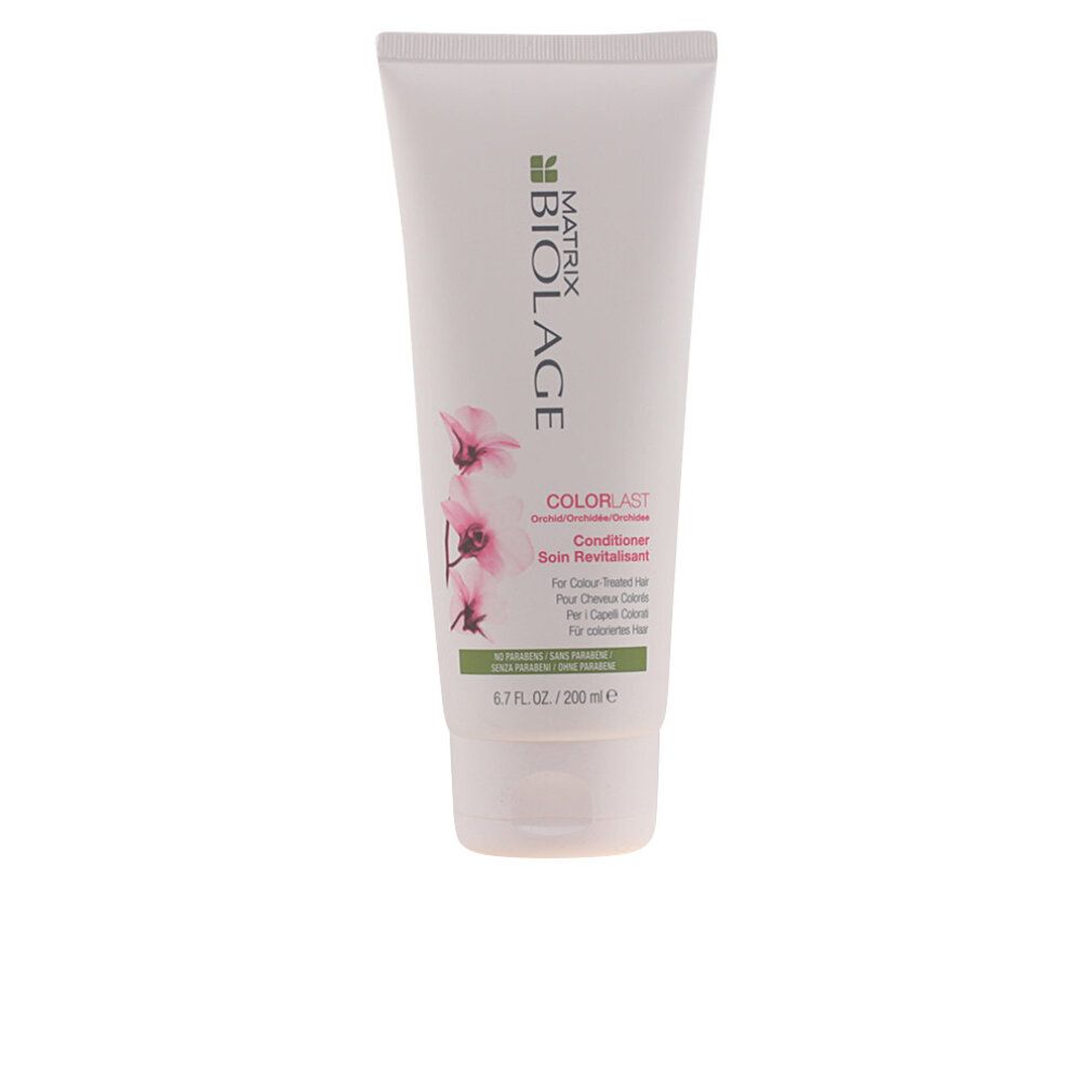 Weißer Conditioner-Tiegel mit grüner und rosa Beschriftung. Matrix Biolage ColorLast. Orchideen-Illustration.