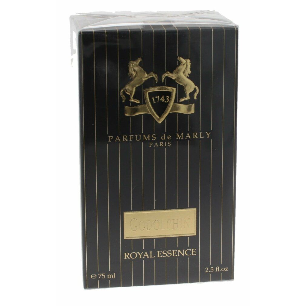 Schwarze Verpackung mit Godolphin-Logo. Royal Essence. Marke Parfums de Marly.