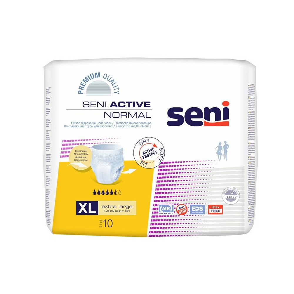Verpackung Seni Active Normal Inkontinenzpants. XL, 10 Stück. Logo, Produktname und Eigenschaften sind sichtbar.