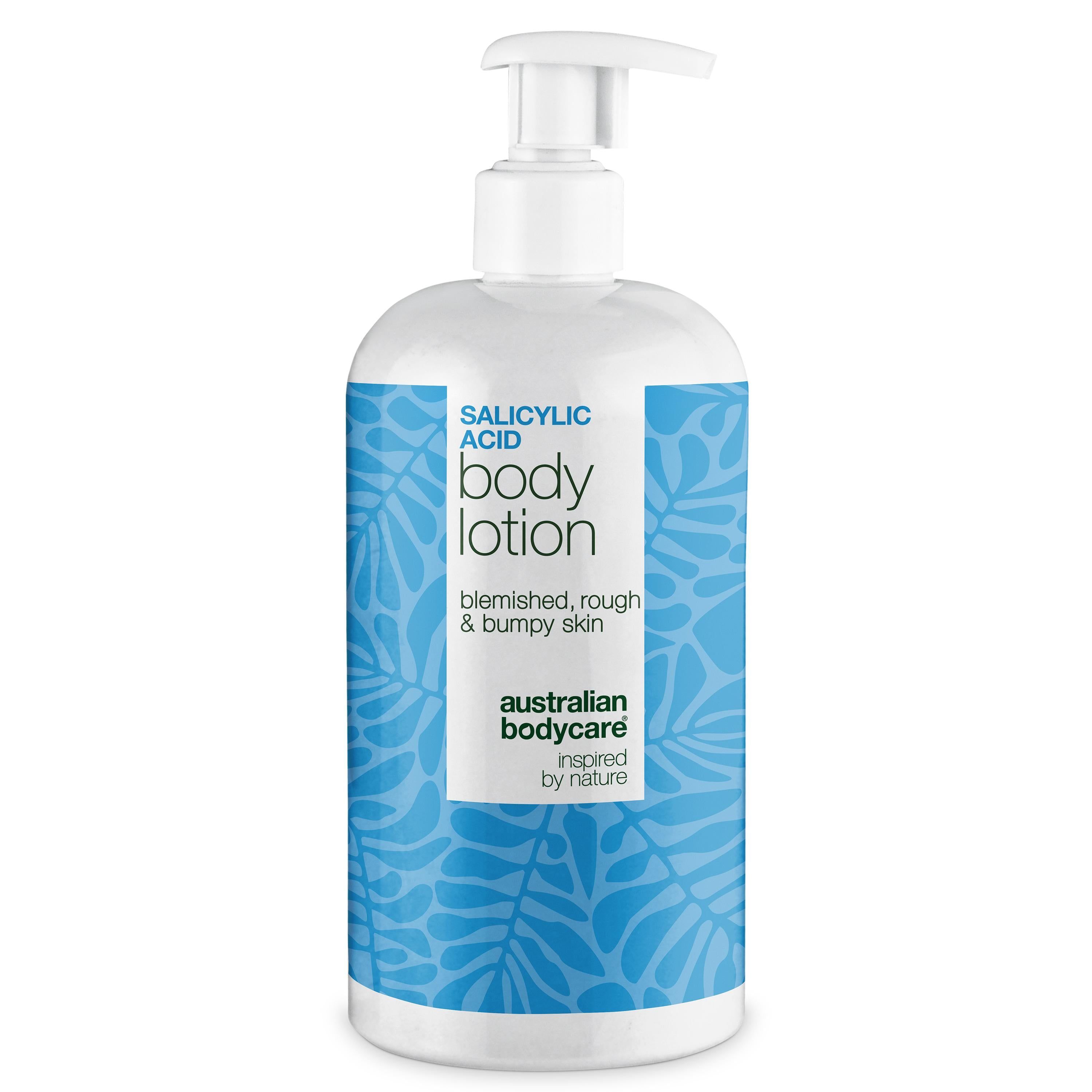 Weiße Lotion-Flasche mit Pumpe. Aufschrift: Salicylsäure Body Lotion, für unreine, raue und unebene Haut. Marke: Australian Bodycare.