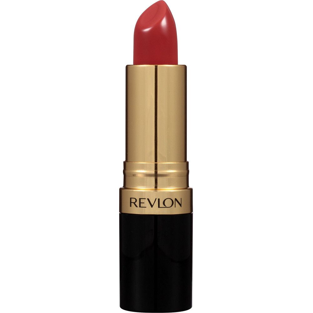Lippenstift mit roter Spitze. Goldfarbener Mittelteil, schwarzer Boden. Aufschrift: REVLON.