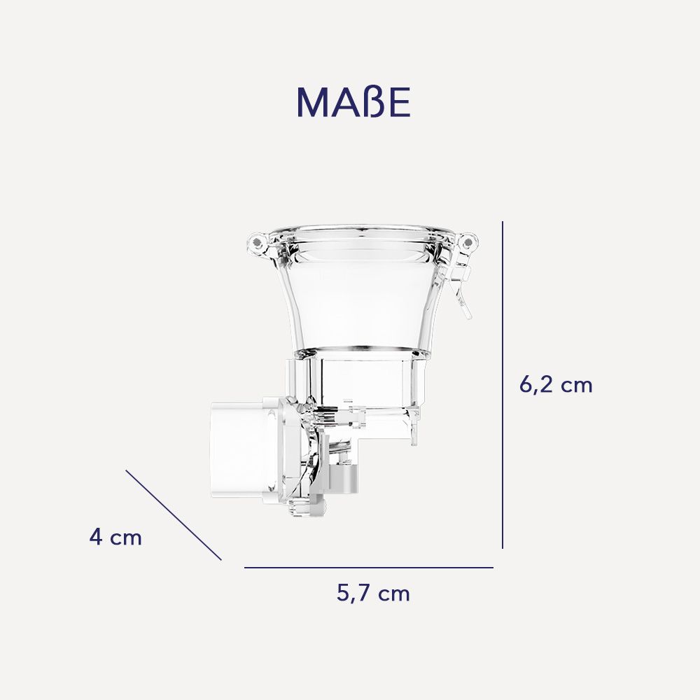 Wasserbehälter mit Maßen: 4 cm x 5,7 cm x 6,2 cm. Transparenter Kunststoff, zylindrische Form.