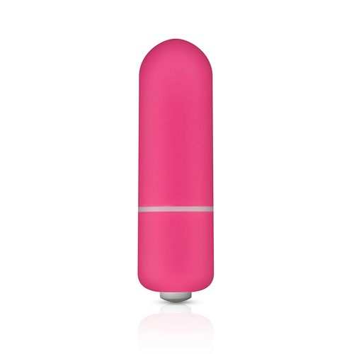 Zylindrischer, rosa Vibrator mit abgerundeter Spitze. Ein silberner Ring trennt den oberen und unteren Teil. Unterseite mit silbernem Element.