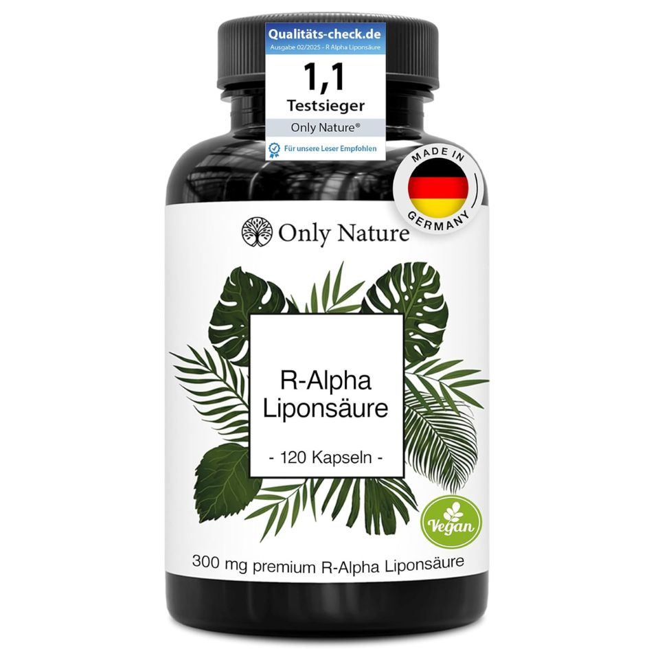 Schwarze Flasche mit Kapseln. Aufschrift: R-Alpha Liponsäure, 120 Kapseln. Siegel: 1,1 Testsieger, Made in Germany, Vegan.
