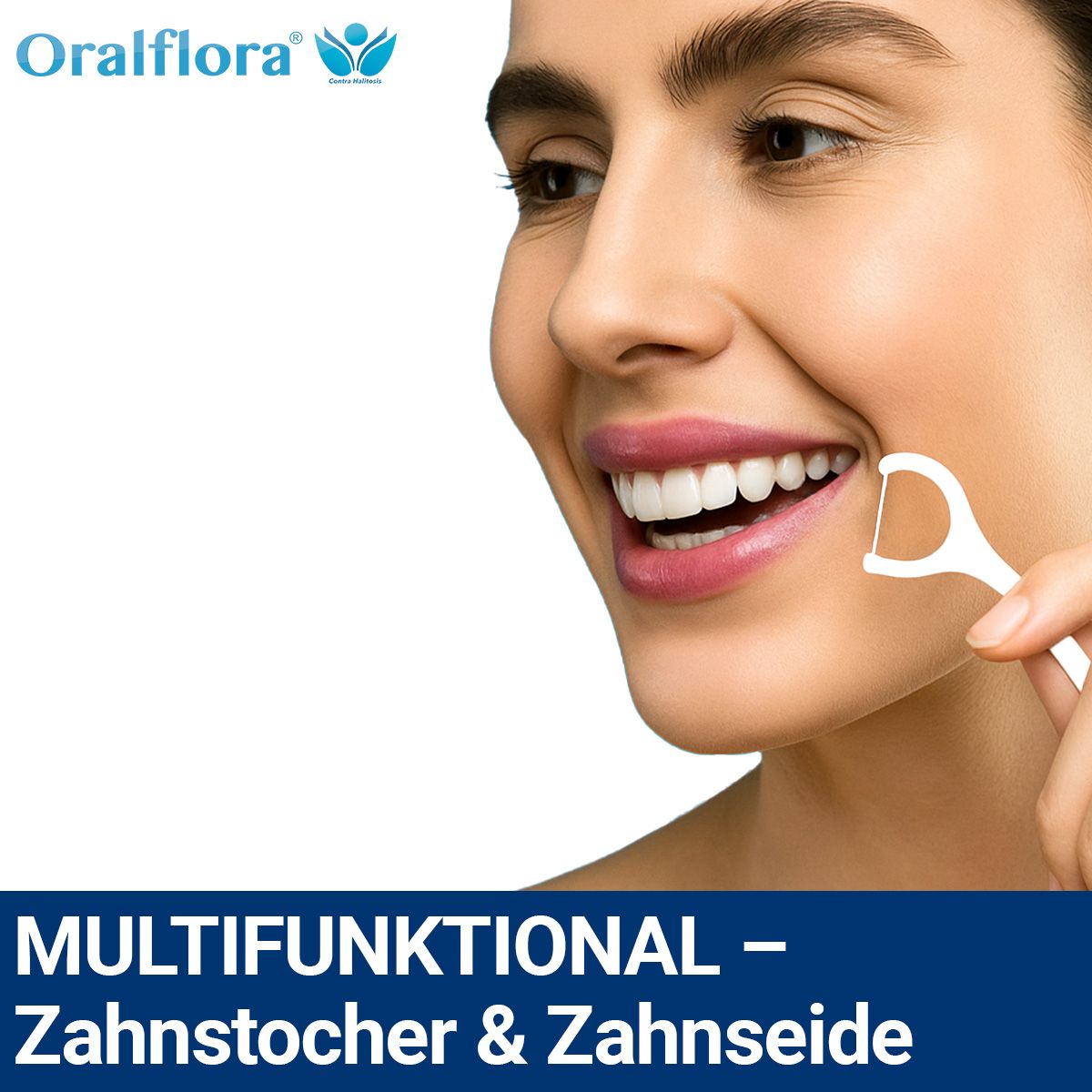 Frau benutzt einen weißen Zahnseide-Stick. Text: Multifunktional - Zahnstocher & Zahnseide.