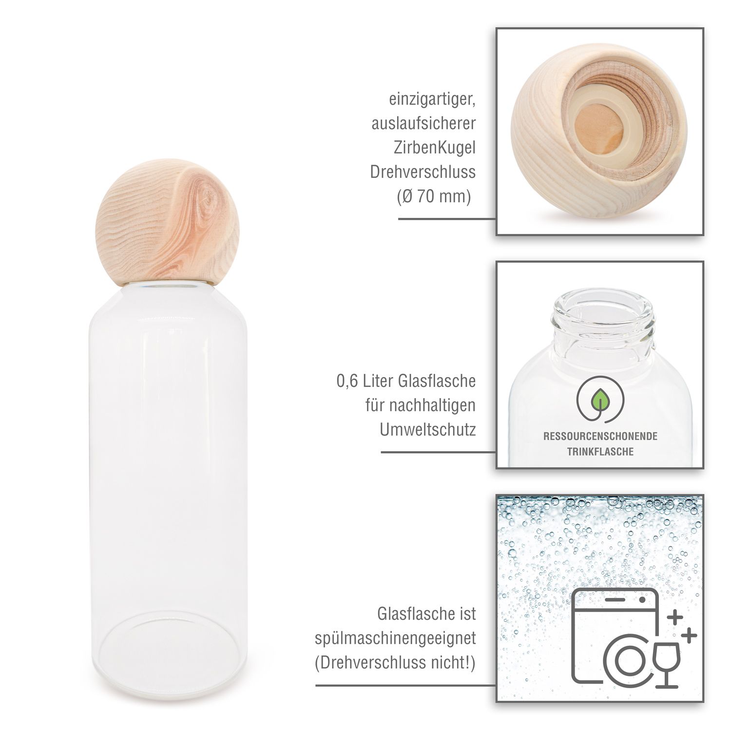 Transparente Glasflasche mit Holzkugel-Drehverschluss. 0,6 Liter. Spülmaschinengeeignet (ohne Verschluss).