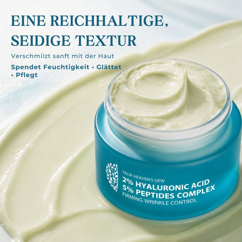 Ein Tiegel mit reichhaltiger, seidiger Creme, die auf einer glatten Oberfläche verteilt ist.