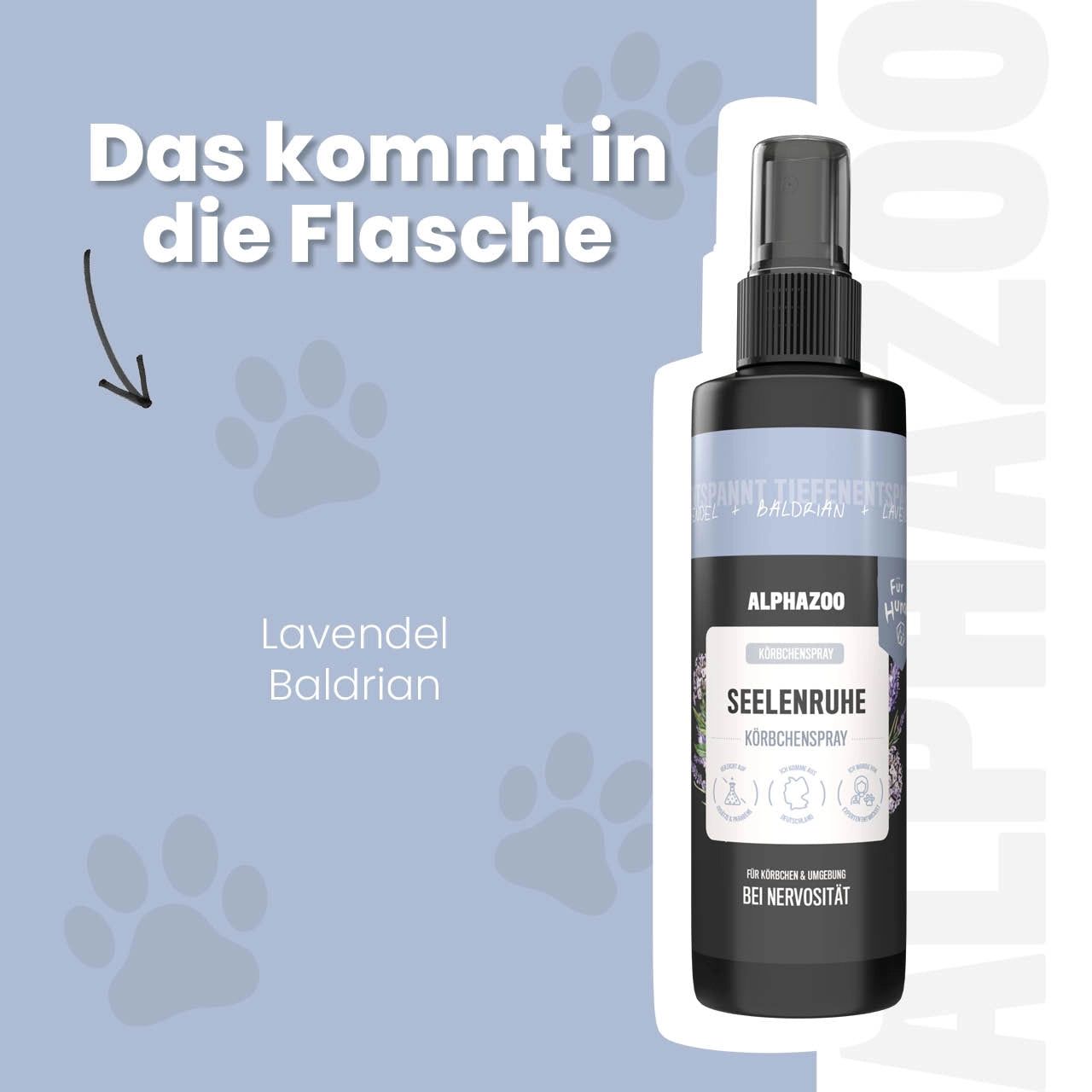 Sprayflasche mit Etikett. Text: ALPHAZOO, Seelenruhe. Lavendel und Baldrian. Pfotenabdrücke.