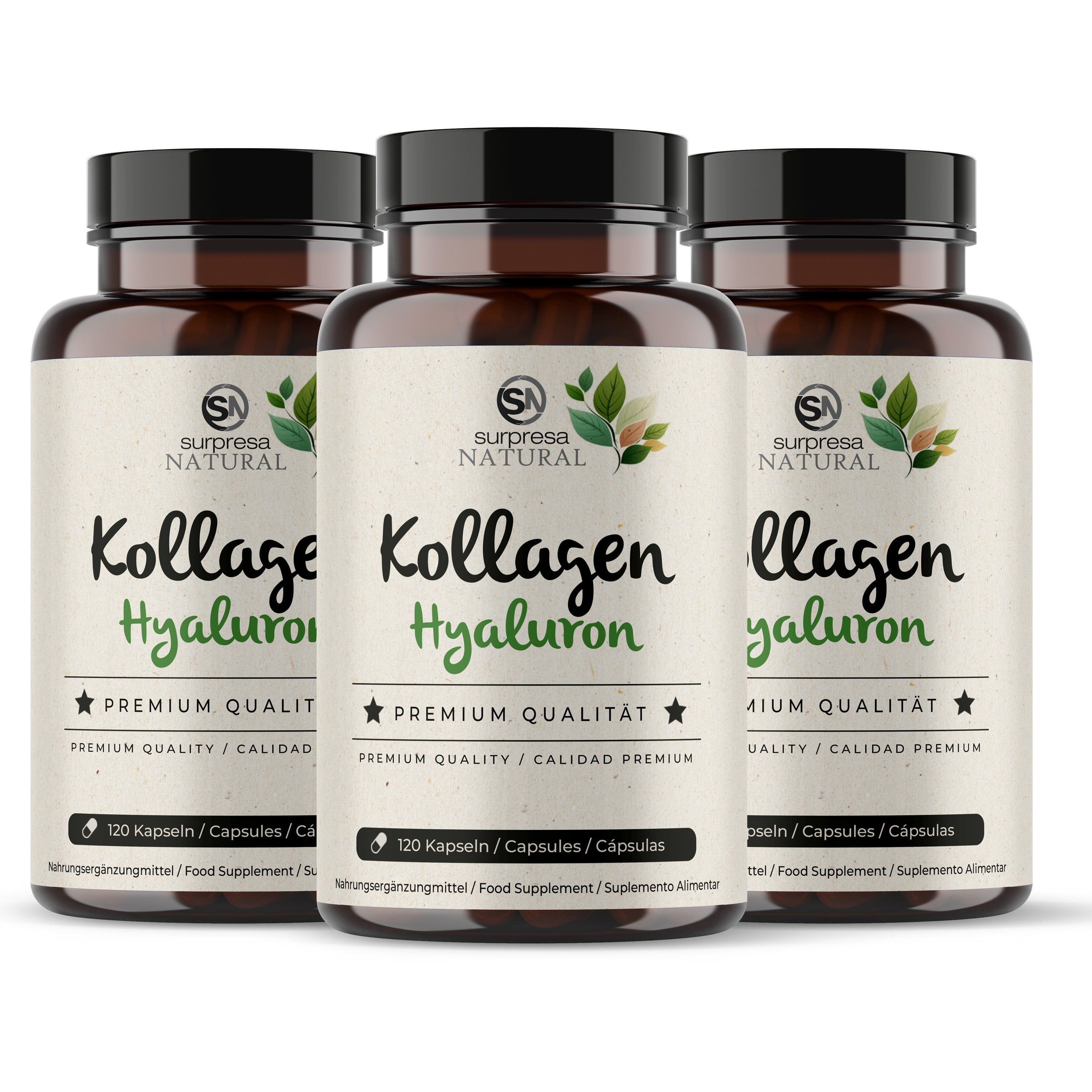 Drei Dosen Kollagen + Hyaluron Kapseln, 120 Stück pro Dose, Premium Qualität.