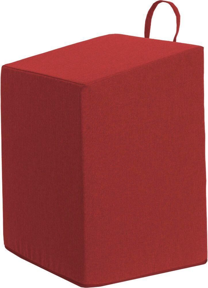 Roter, rechteckiger Würfel mit schräger Oberseite und Trageschlaufe. Stoffbezug.