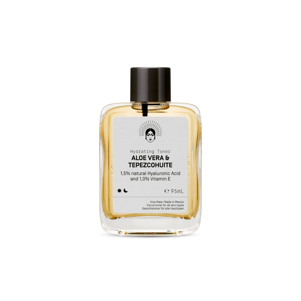 Viva Maia Hydrating Toner mit Aloe Vera & Tepezcohuite in Glasflasche mit schwarzem Deckel.