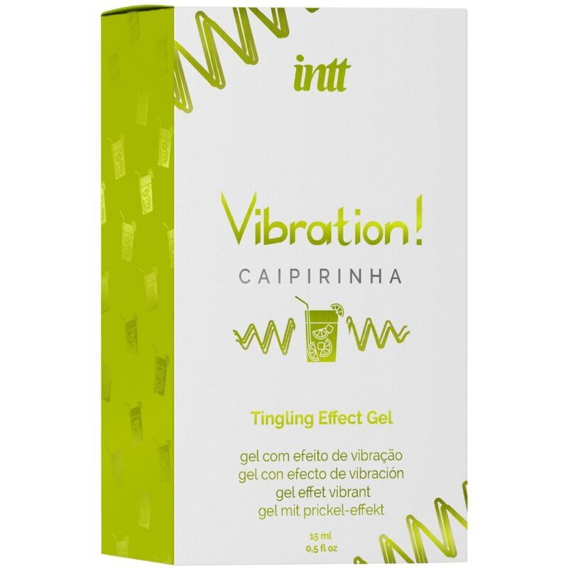 Produktverpackung. Aufschrift: INTT Vibration! Caipirinha, Tingling Effect Gel. Grün-weißes Design. 15 ml.