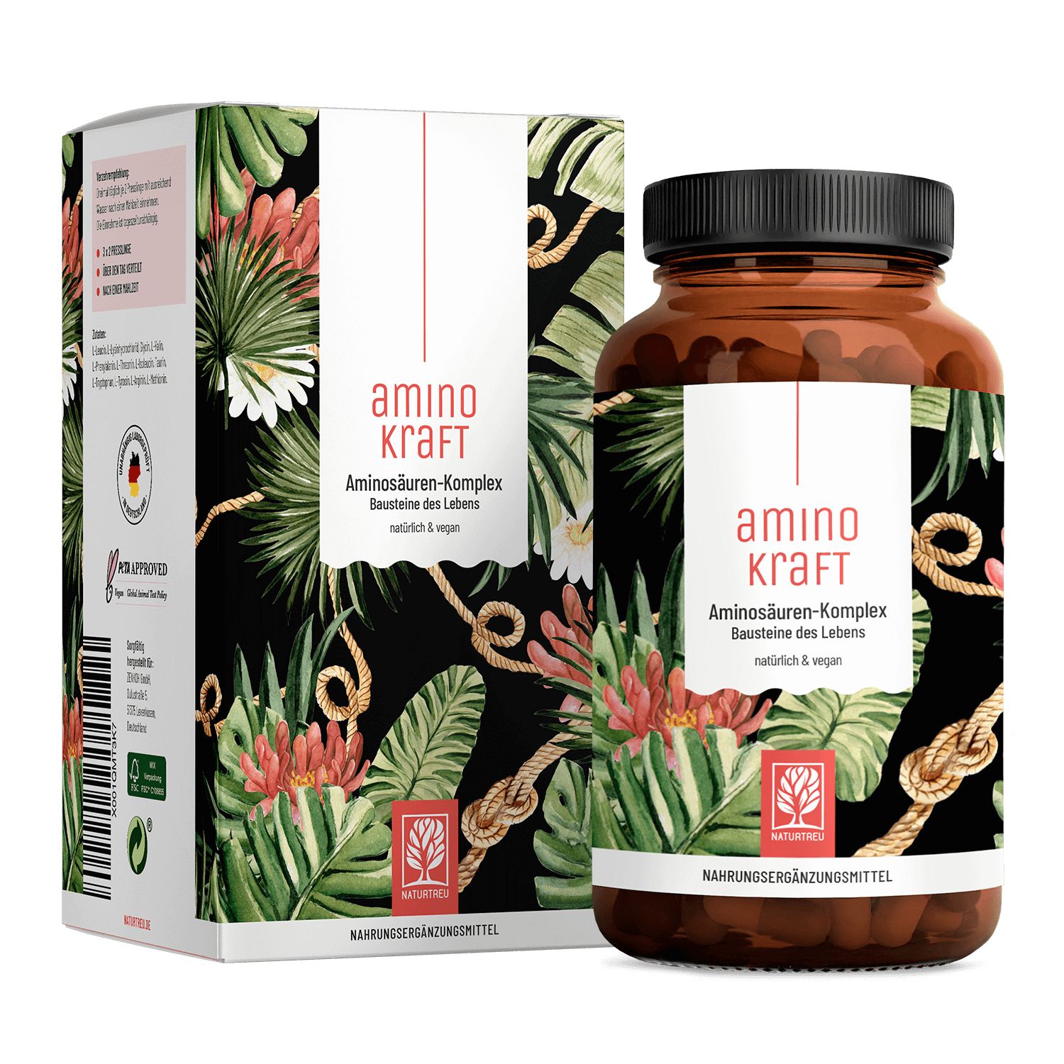Braune Flasche und Schachtel mit Produktaufdruck. Aufschrift: Aminokraft, Aminosäuren-Komplex, vegan. Tropische Muster.