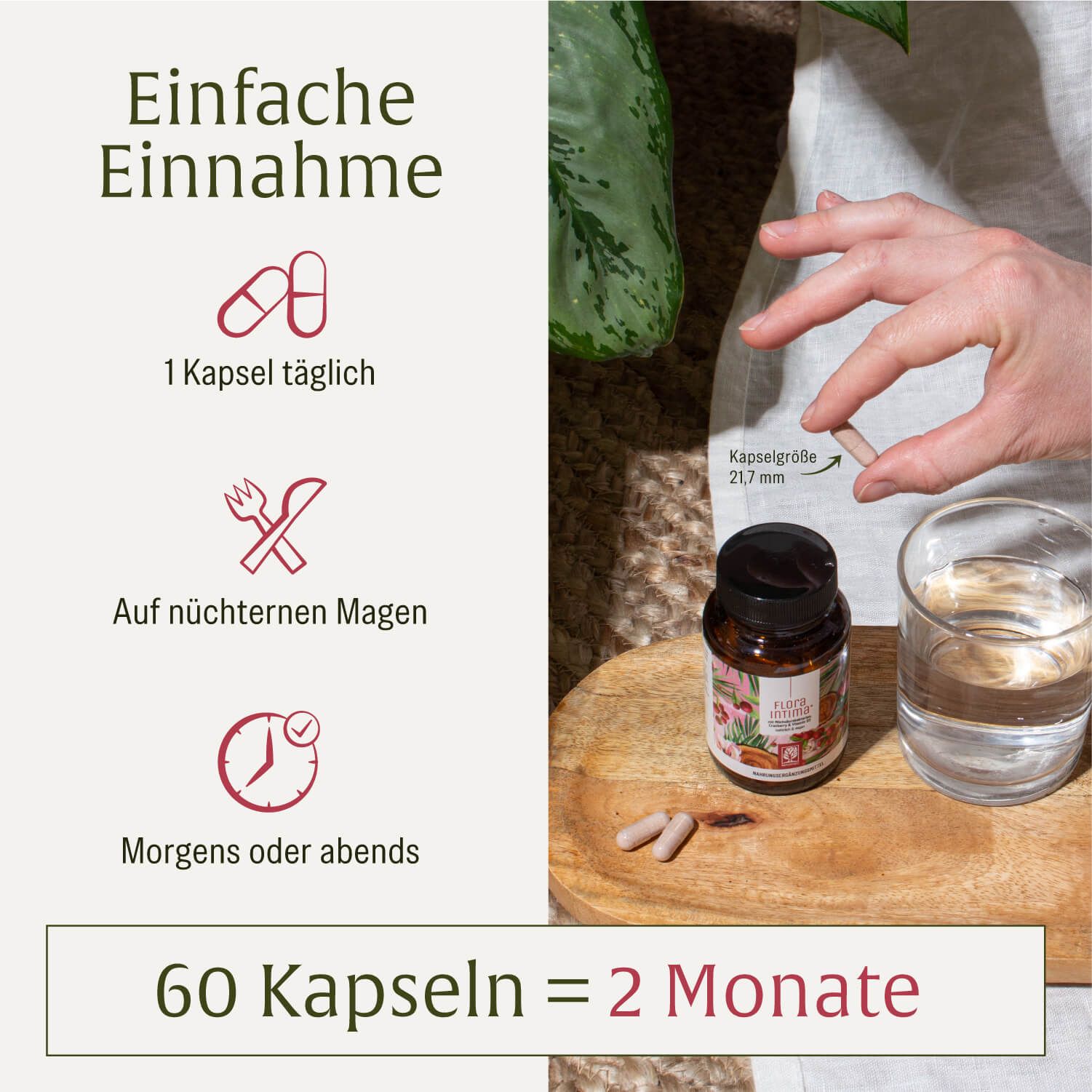 Flasche Flora Intima mit Milchsäurebakterien, Cranberry & Vitamin B3, 100% vegan.