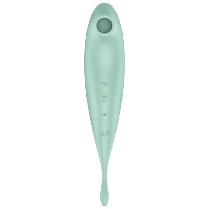 Mintfarbener Vibrator. Längliche Form, abgerundeter Kopf. SF-Logo und Symbole.