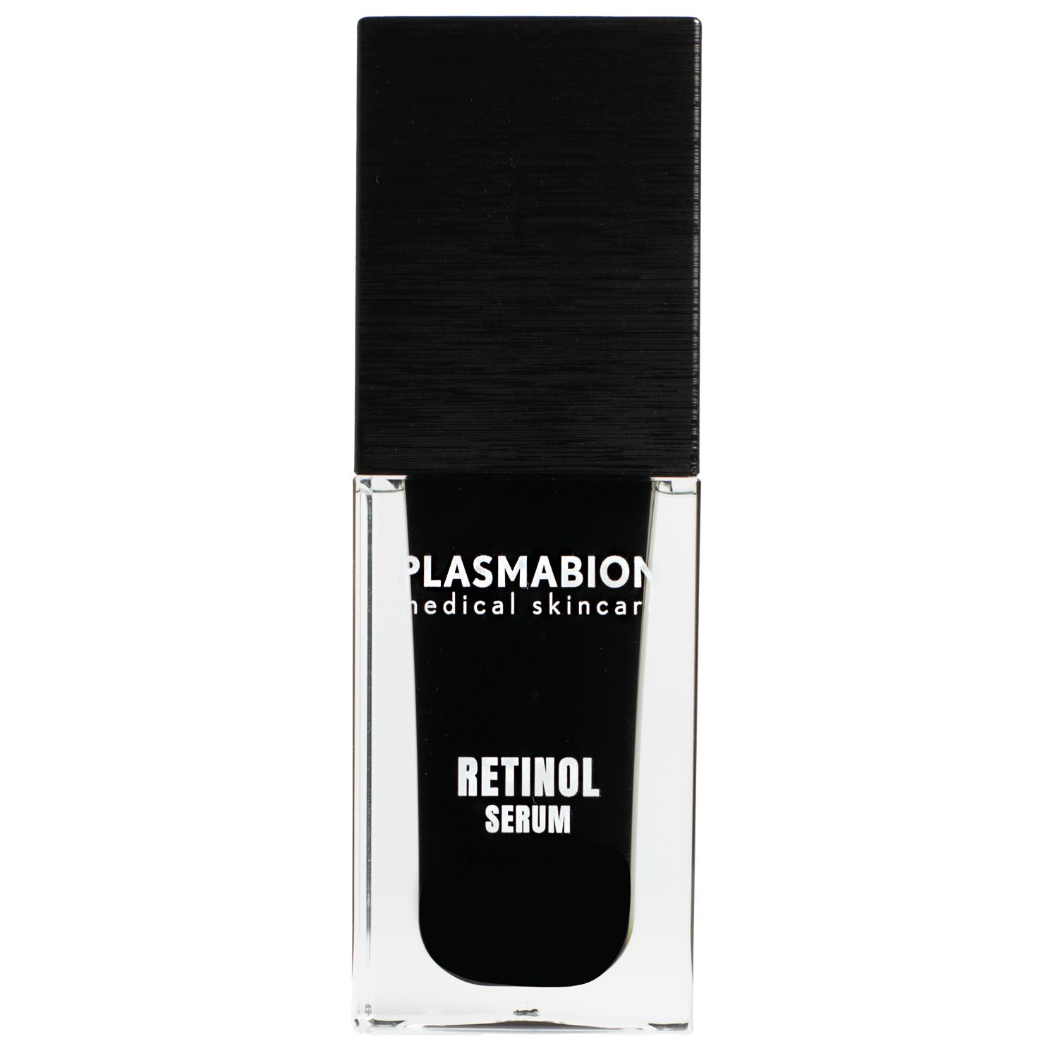Serumflasche mit schwarzem Deckel. Aufschrift: PLASMABION, RETINOL SERUM.