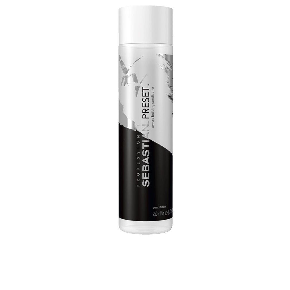 Conditioner-Flasche. Schwarz-weißes Design. Aufschrift: Sebastian. Preset. Textur-Conditioner. 250 ml.