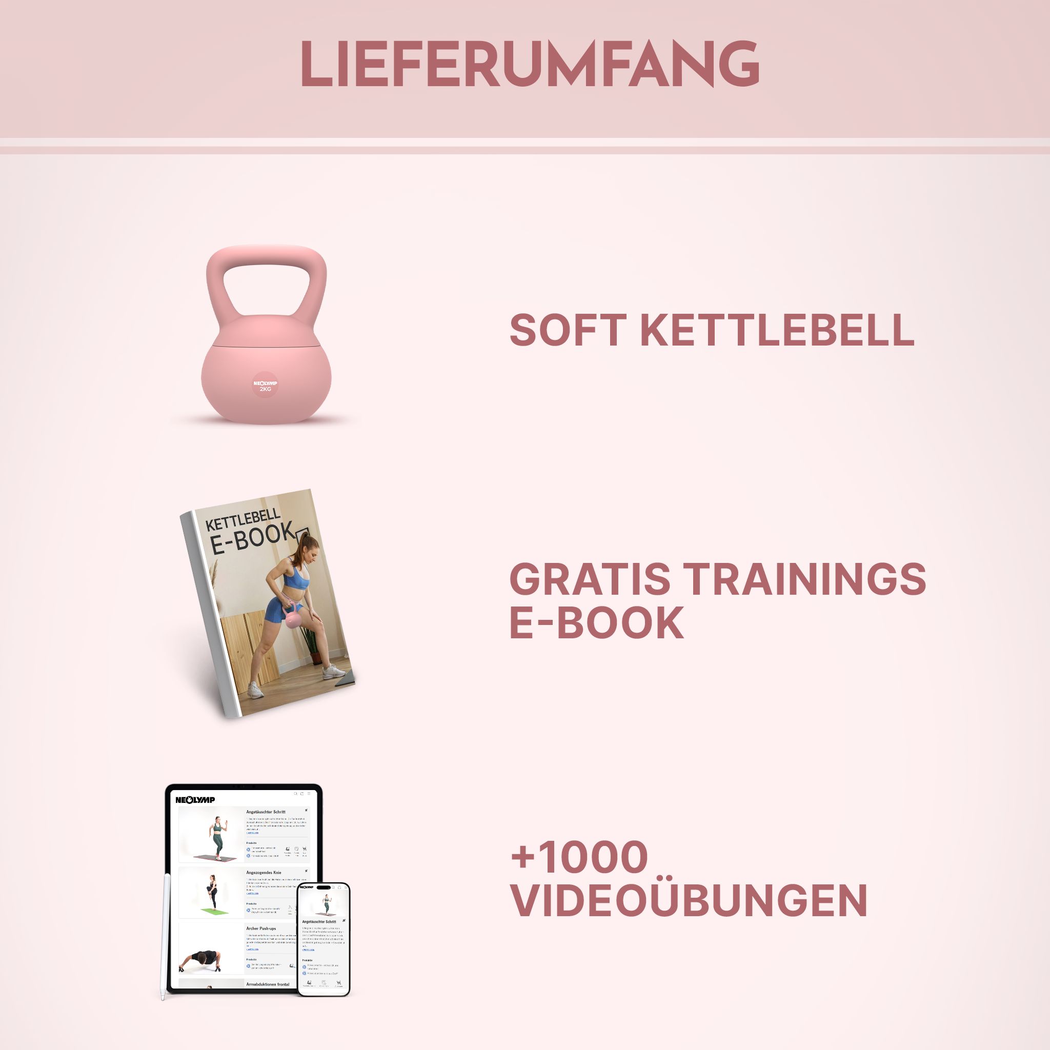 Lieferumfang: Soft Kettlebell, Gratis Trainings E-Book, +1000 Videoübungen.