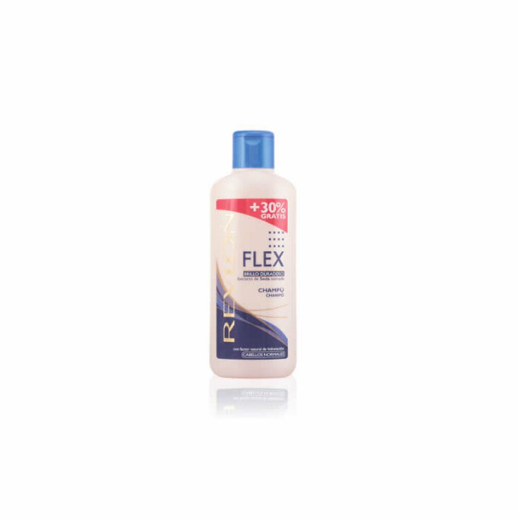 Flasche Revlon Flex Shampoo für normales Haar. Weiß-blaue Verpackung mit blauer Kappe. Text: Flex, Champú, +30% gratis.