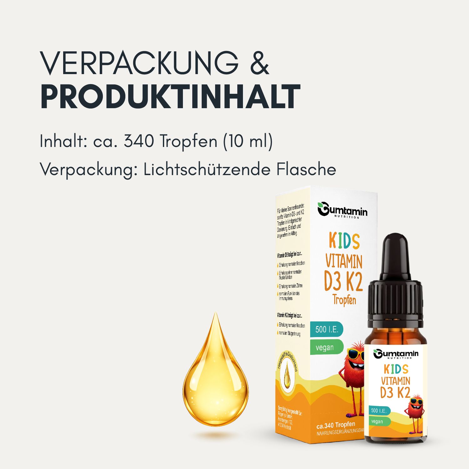 Verpackung und Produktinhalt. Inhalt: ca. 340 Tropfen (10 ml). Verpackung: Lichtschützende Flasche. Gelber Tropfen abgebildet.