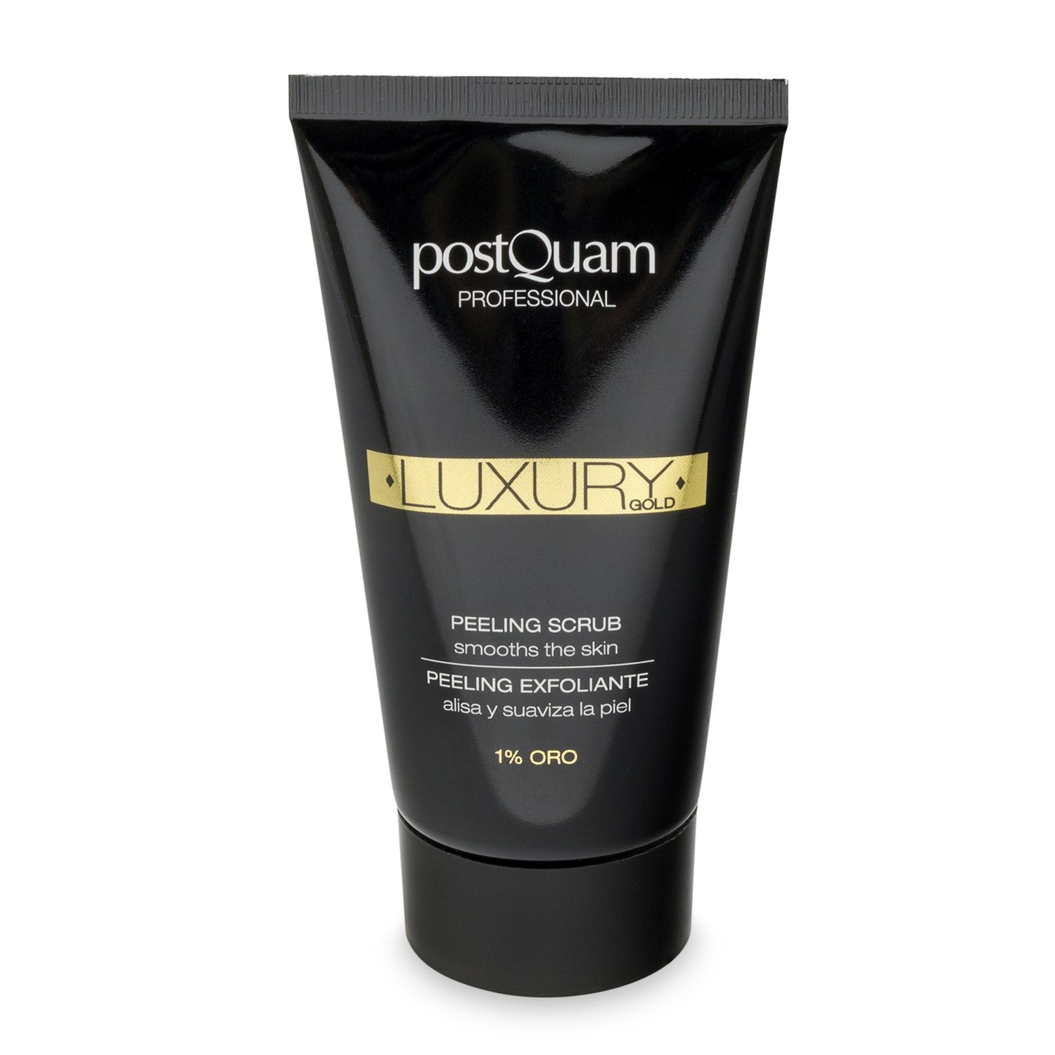 Schwarze Tube mit "Postquam Professional Luxury Gold"-Aufdruck. Text: Peeling Scrub, 1% Oro. Schwarzer Deckel.