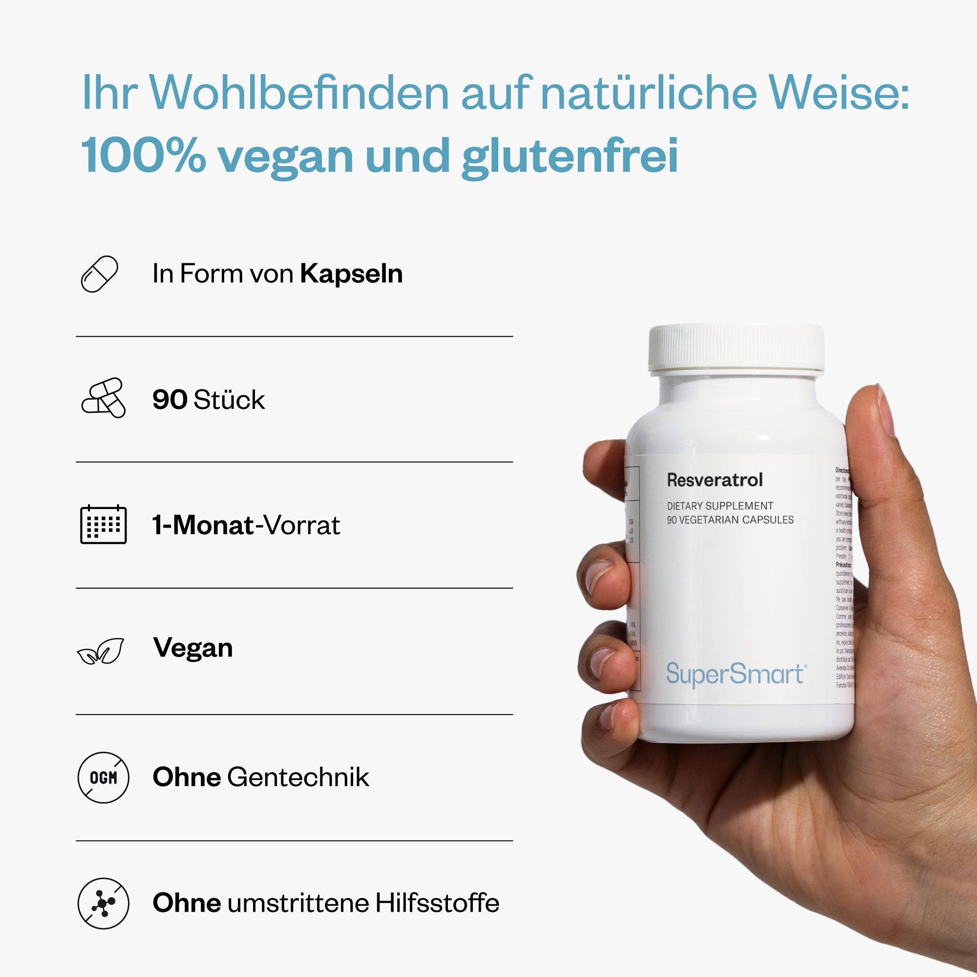 Hand hält eine weiße Flasche mit Resveratrol-Kapseln. Marke SuperSmart. 90 Kapseln, vegan, glutenfrei, ohne Gentechnik, ohne Hilfsstoffe.