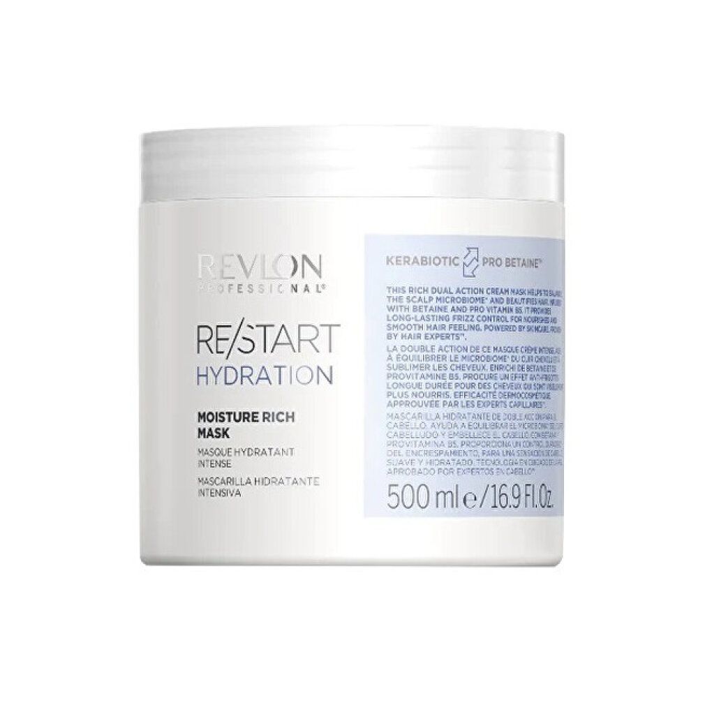 Weißer Tiegel mit Revlon Professional Re/Start Hydration Haarmaske. Text: Moisture Rich Mask, 500 ml.
