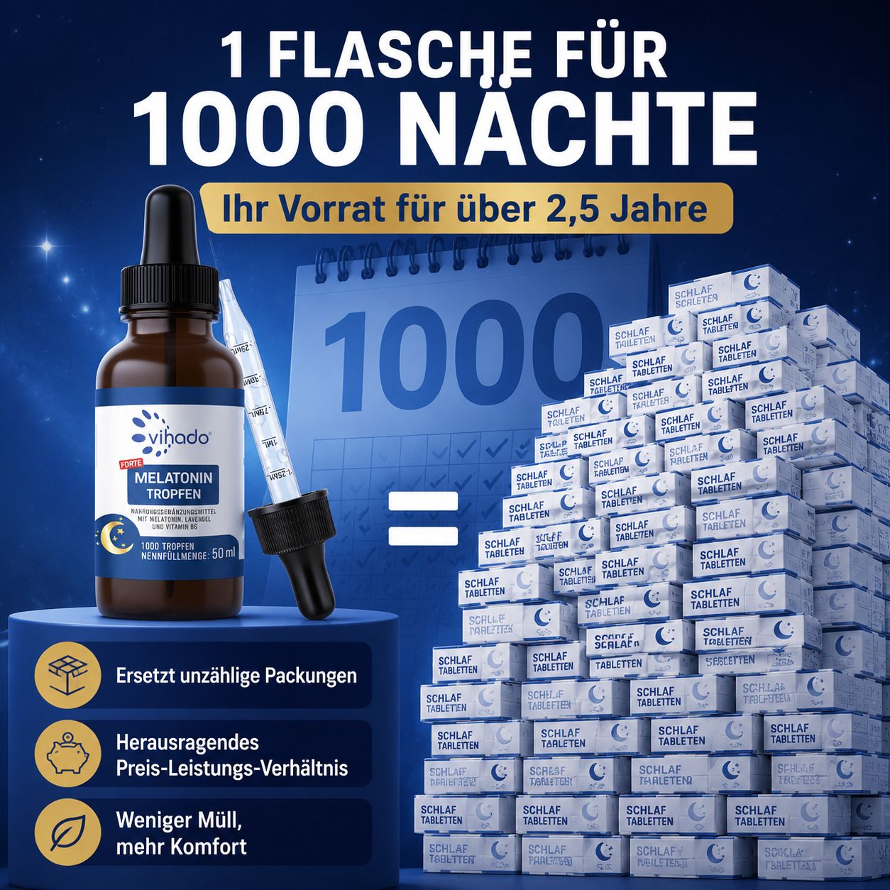 Vihado Melatonin Tropfen Flasche neben einem Kalender und gestapelten Schlaftabletten-Packungen.